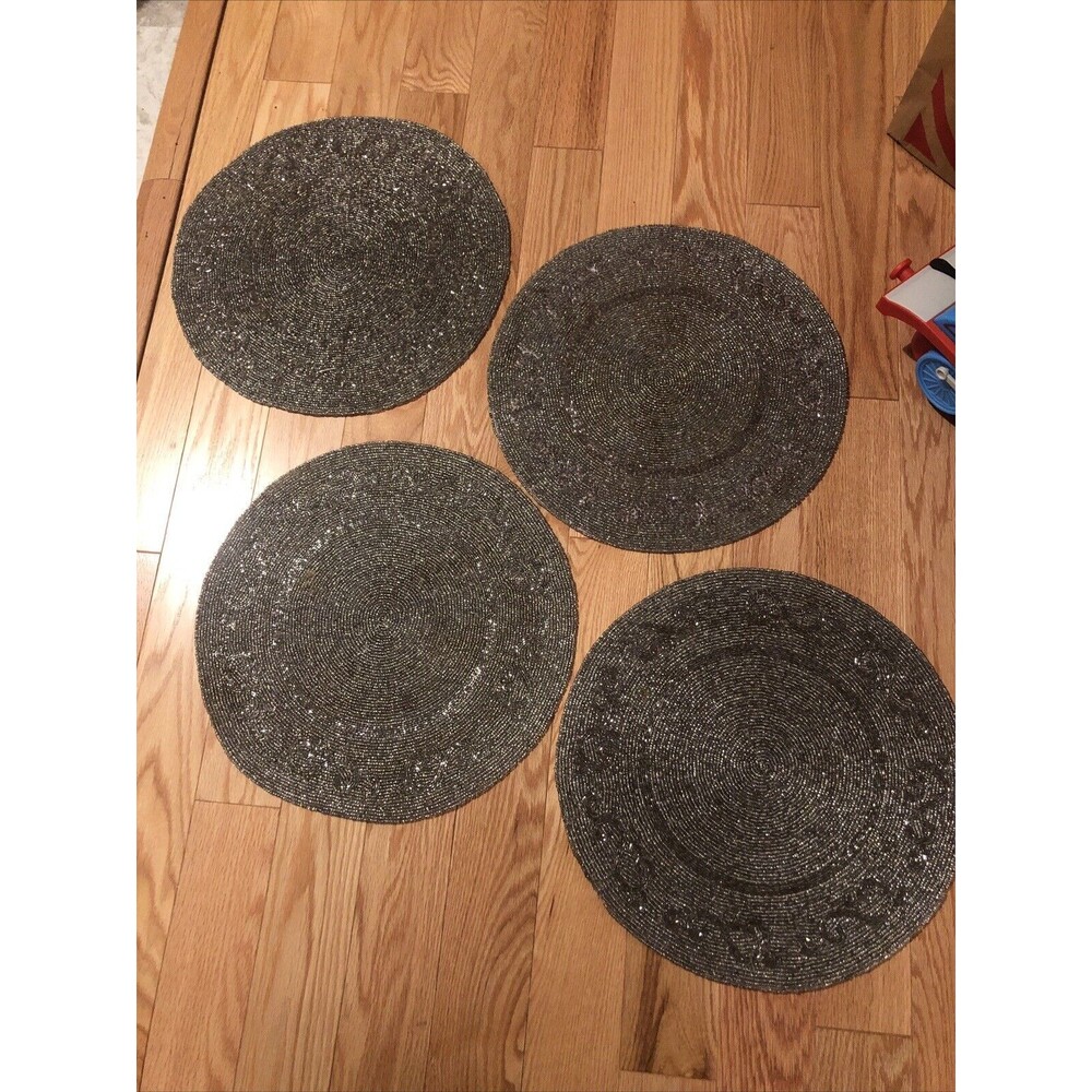 15" Round Placemat Set of 4 Silver Glass Scroll Beaded Christmas Table Heavy